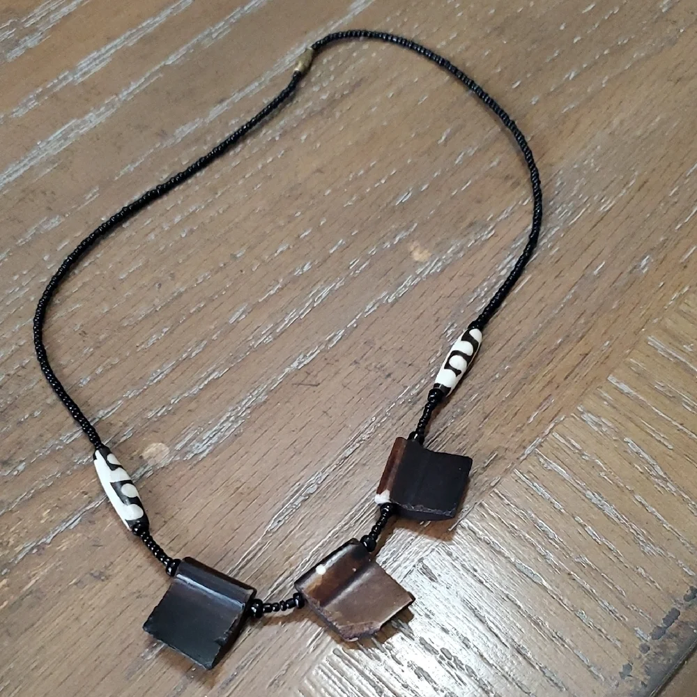Elegant brown seed beaded necklace with brown,creme square wood accents